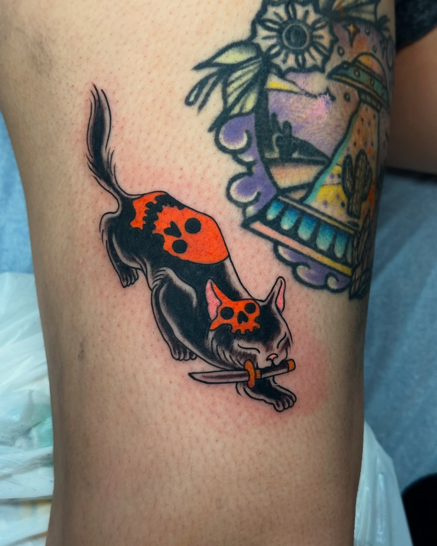 Cat with skull mask American traditional tattoo on the thigh by 🕸🎚 𝑺𝑨𝑵𝑻𝑰 𝑺𝑬𝑽𝑬𝑵𝑺 🎚🕸🇫🇯