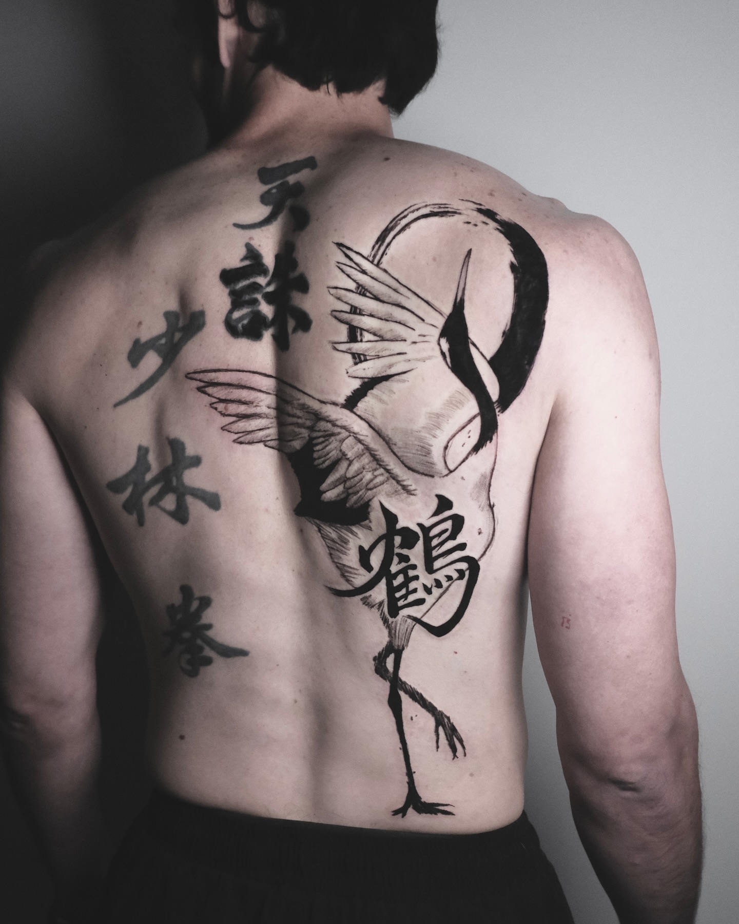 Crane and kanji black and grey tattoo on the back by HanaKaki