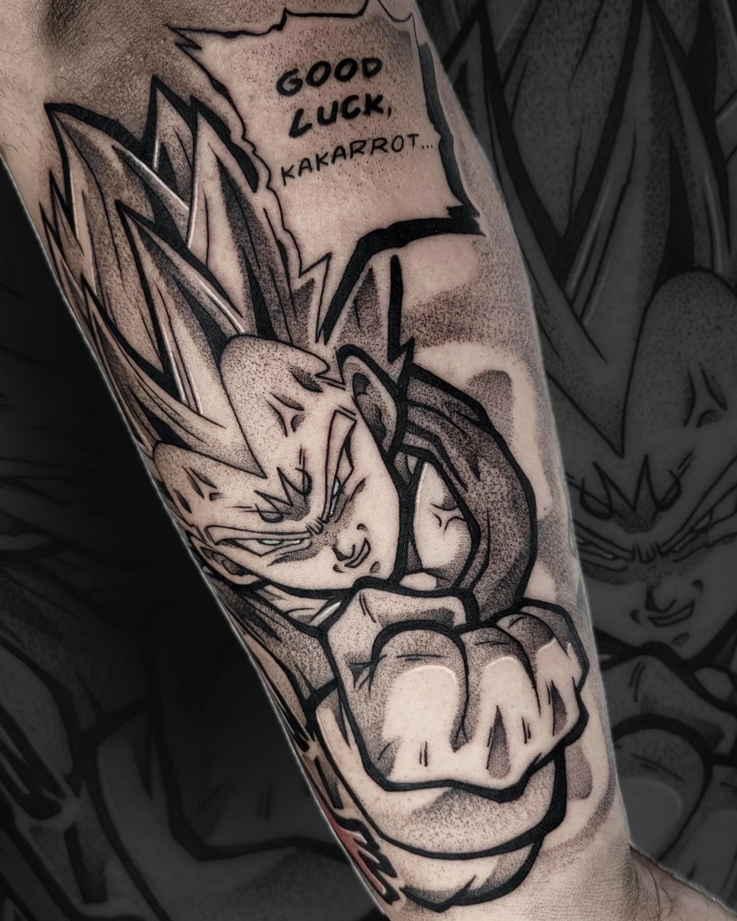 Son goku anime tattoo on the forearm by Danny, San Luis Obispo, California