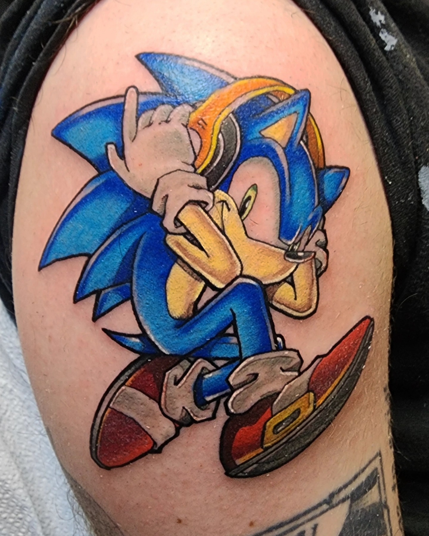 Sonic the hedgehog new school tattoo on the shoulder by Anthony Moncada
