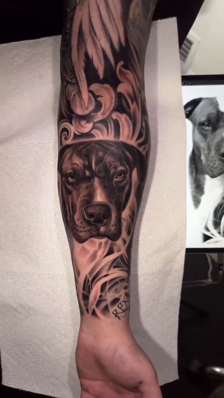 Dog portrait with abstract elements realism tattoo by Gee Lagunas 🇲🇽, Springfield, Virginia