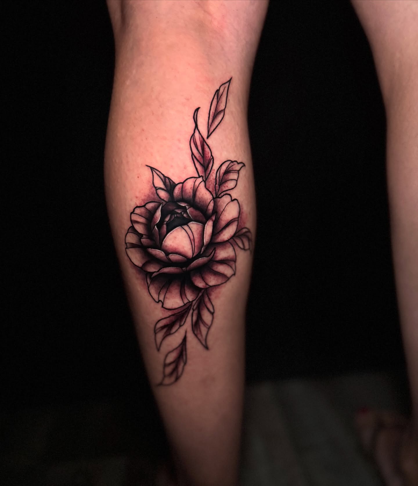 Peony black and grey tattoo on the forearm by Ryland - Tattoo Artist