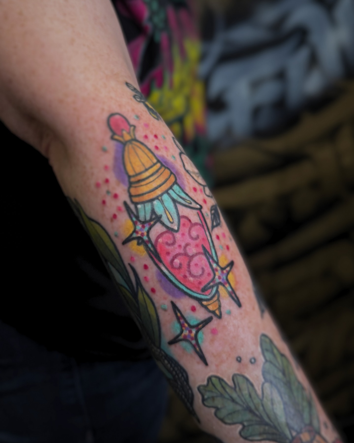 Rocket and stars American traditional tattoo on the forearm by ♡ 𝒜𝓂𝒾𝓃𝒶 𝐵𝒽𝒶𝓉𝓉𝒾 ♡