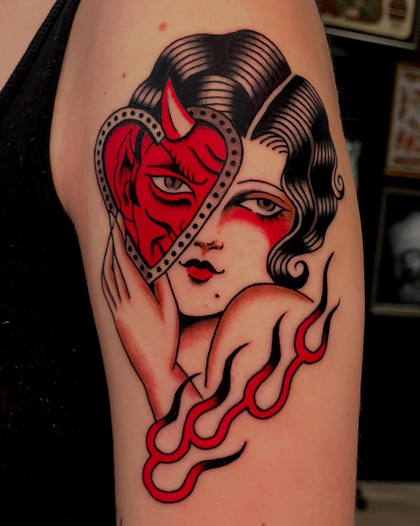 Woman with devil heart American traditional tattoo on the forearm by Liv :)