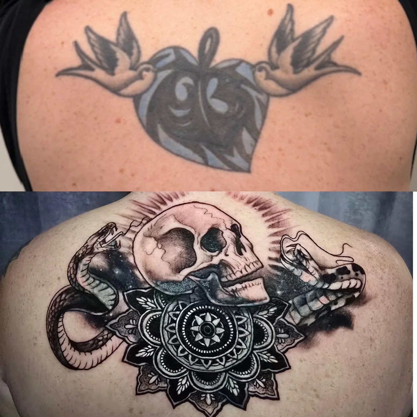 Heart with birds black and grey tattoo on the shoulder by Tivis Phillips