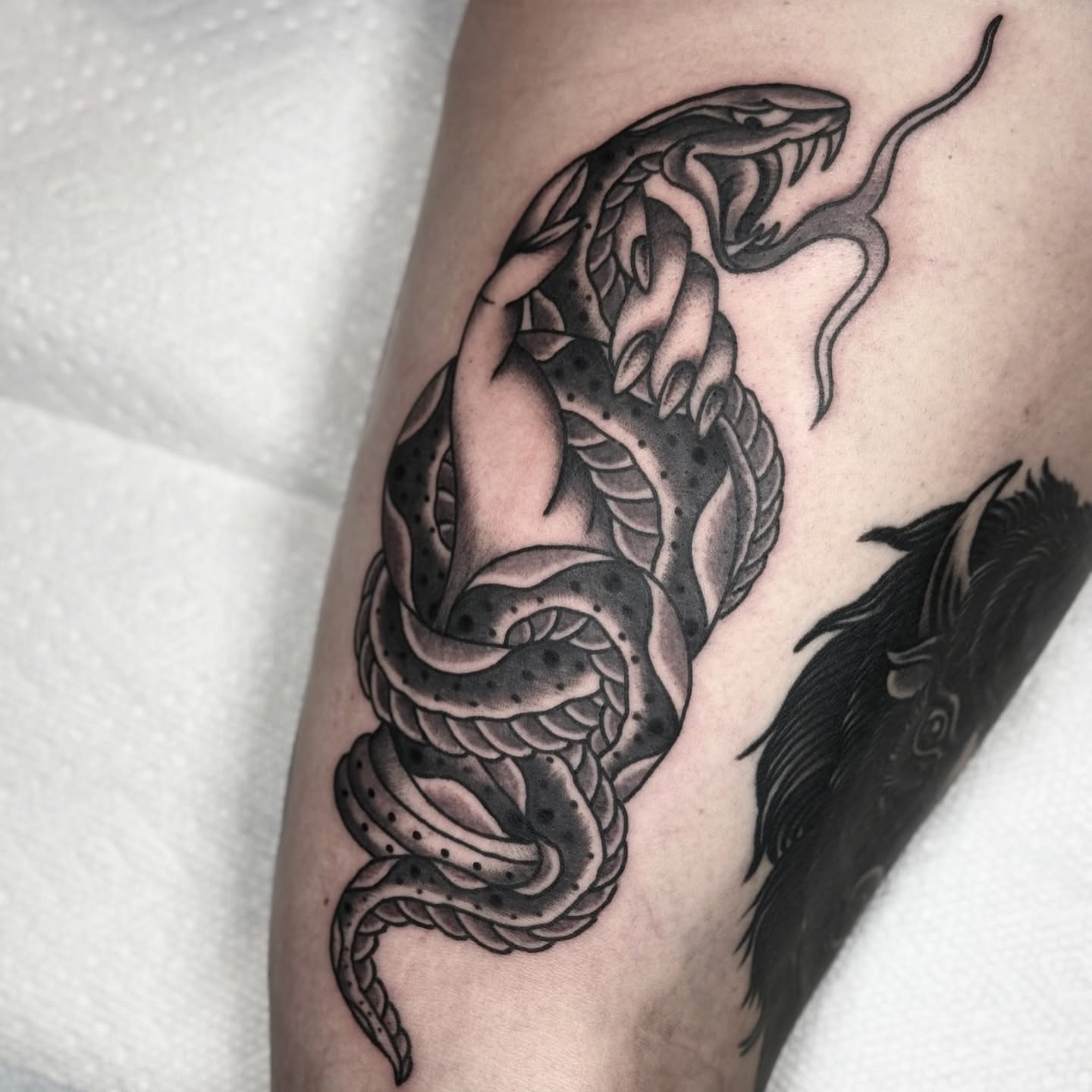 Snake dotwork tattoo on the forearm by Domanick Libretti, Nashville, Tennessee