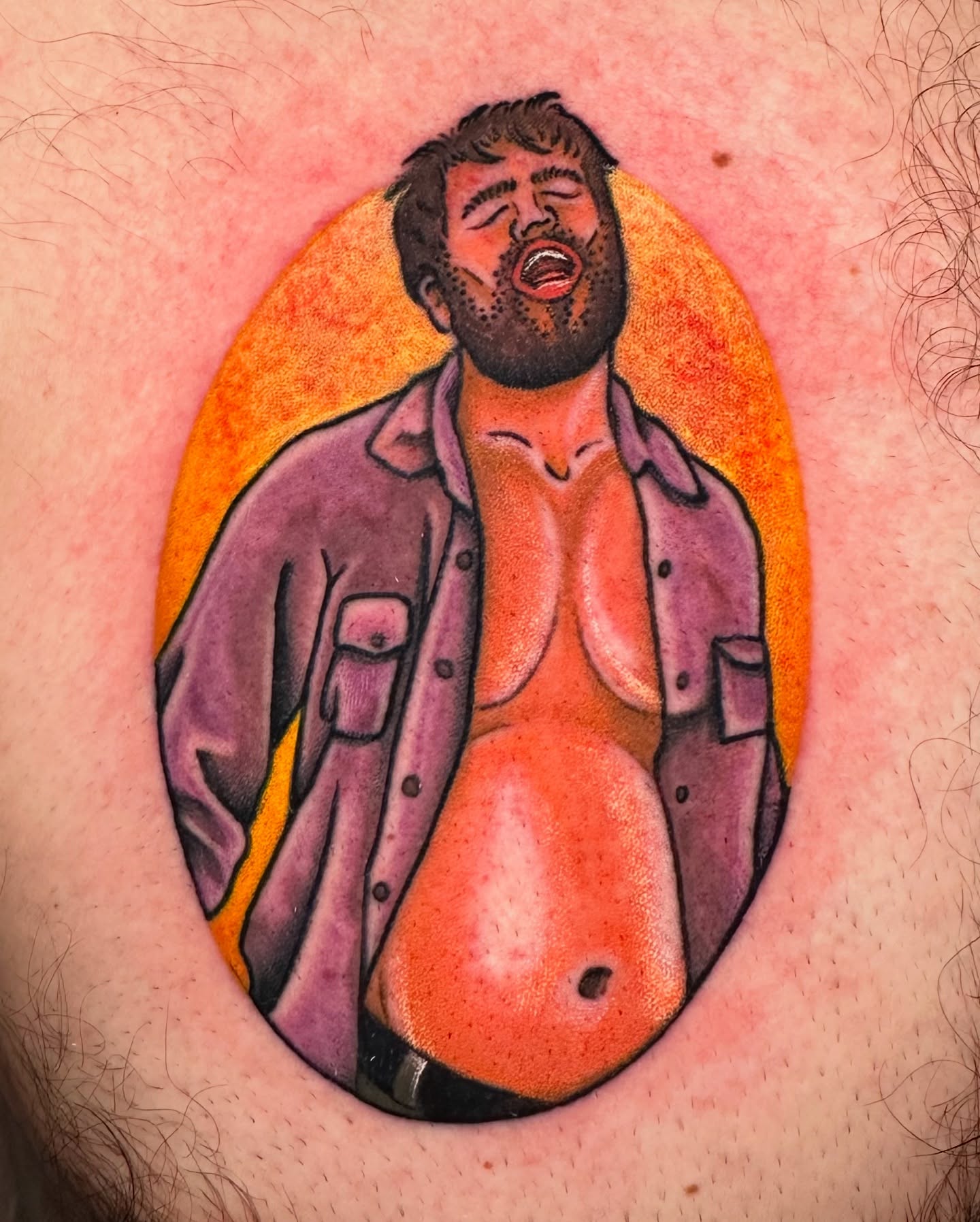 Man in trench coat realism tattoo on the torso by Tayler Pearson, Fort Collins, Colorado