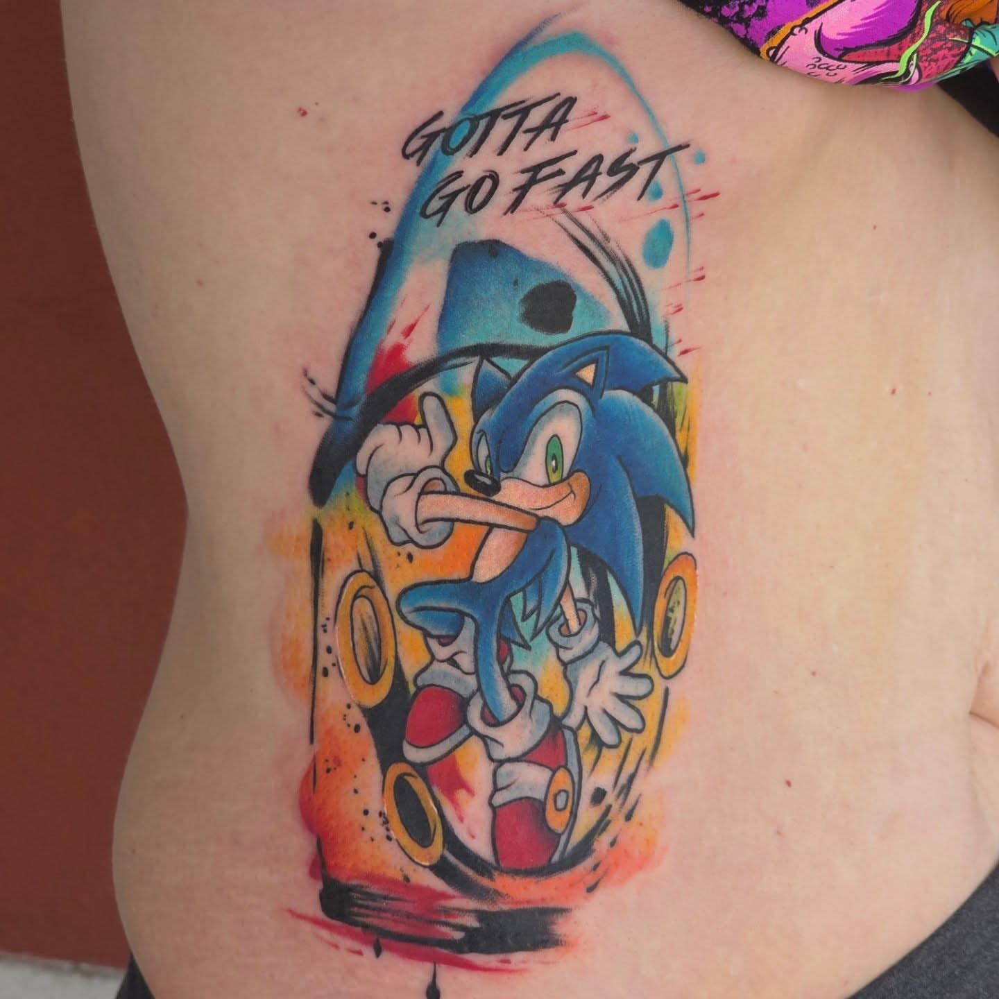Sonic the hedgehog new school tattoo on the thigh by BZ Artistry