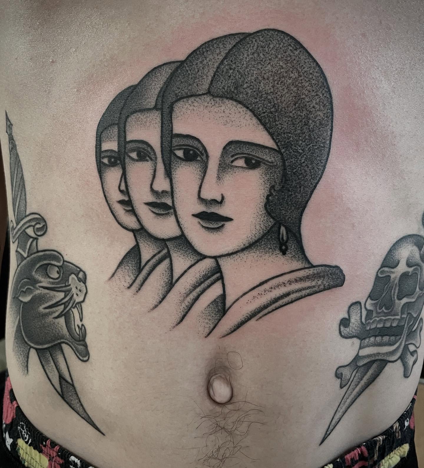 Three-headed woman dotwork tattoo on the chest by Micheal McGlinchey