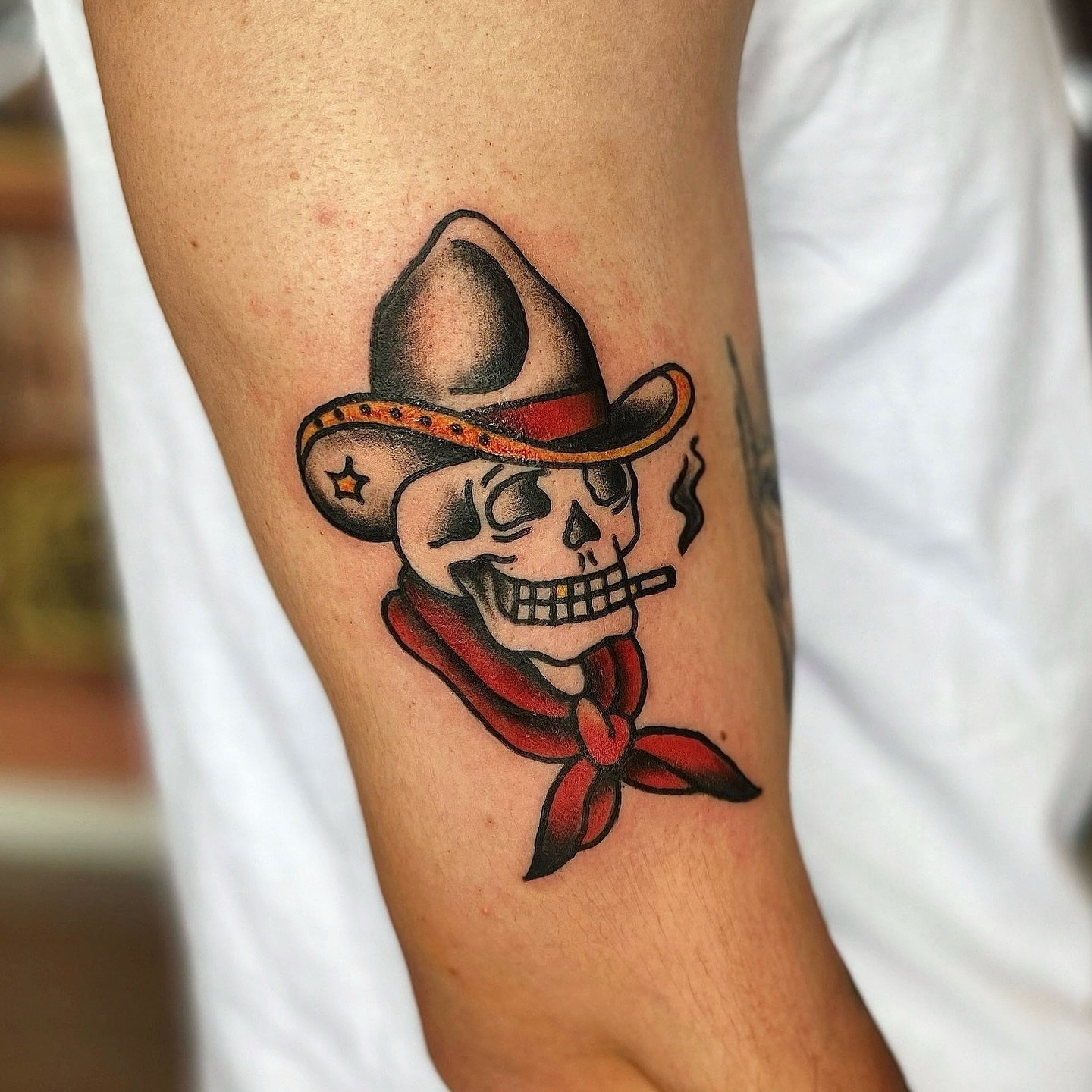 Cowboy skull American traditional tattoo on the forearm by Myka King