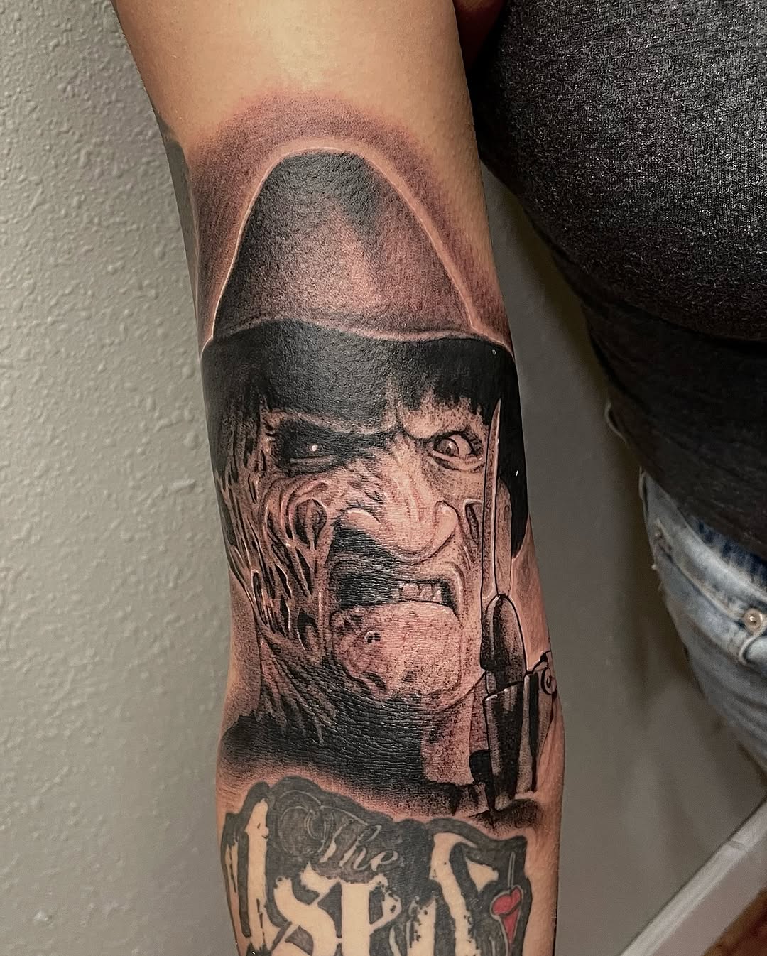 Freddy Krueger portrait realism tattoo on the forearm by Fullerton ca tattooing