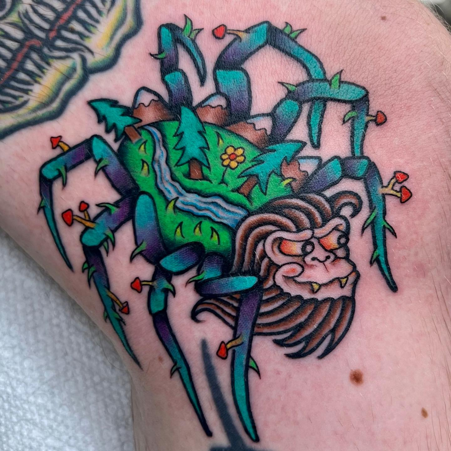 Scorpion and monkey American traditional tattoo on the forearm by Carson Smith, Chandler, Arizona