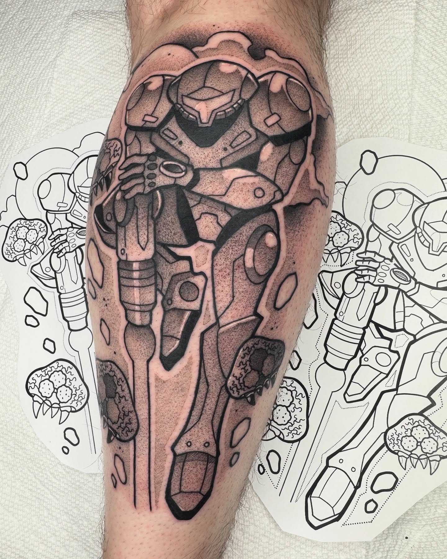 Halo Master Chief dotwork tattoo on the forearm by Donnie Moore