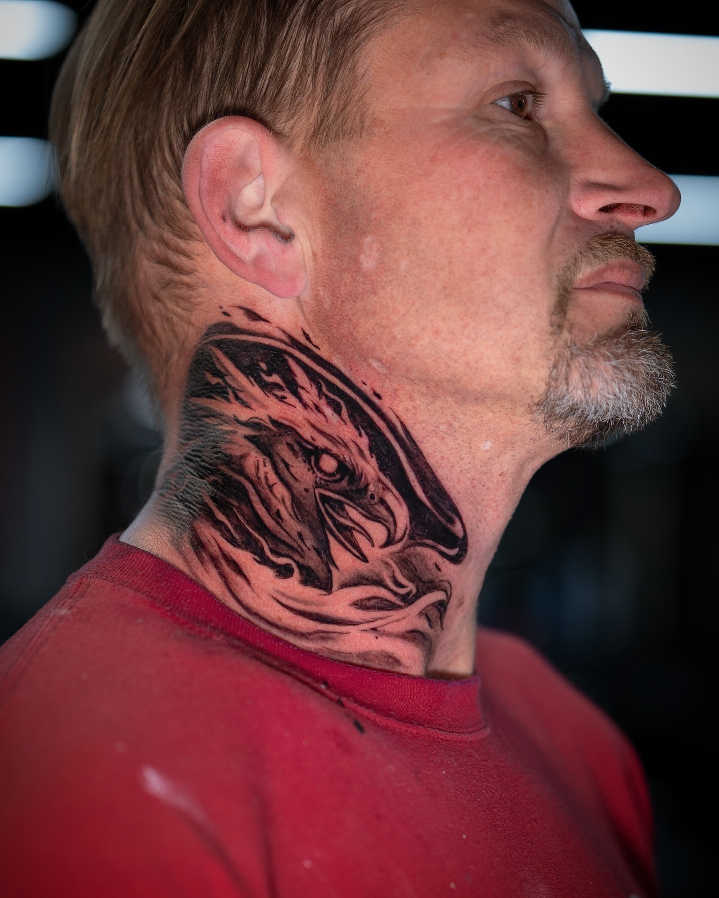 Eagle black and grey tattoo on the neck by Joey Hella Tattoo Artist