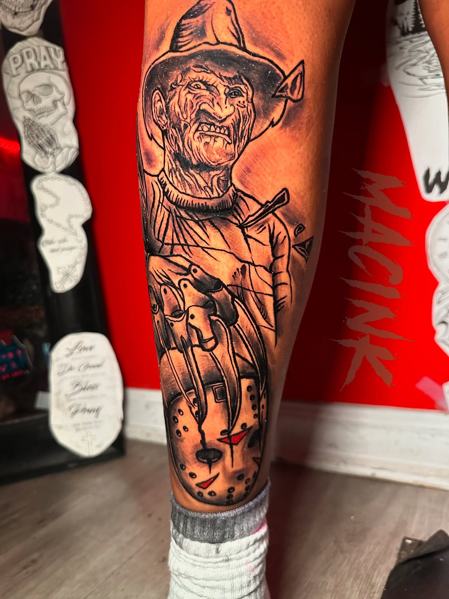 Freddy Krueger American traditional tattoo on the calf by ATL Tattoo Artist💲