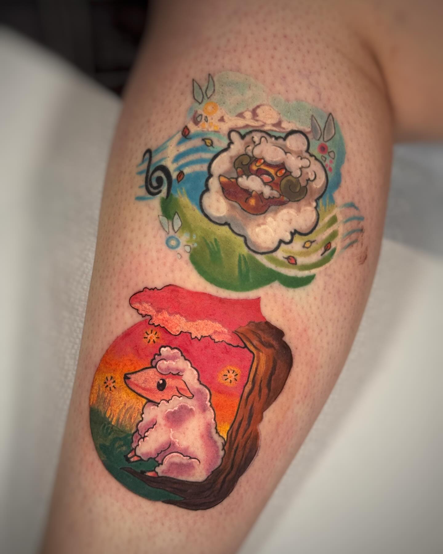 Sheep and landscape illustrative tattoo on the thigh by Anna Saveria