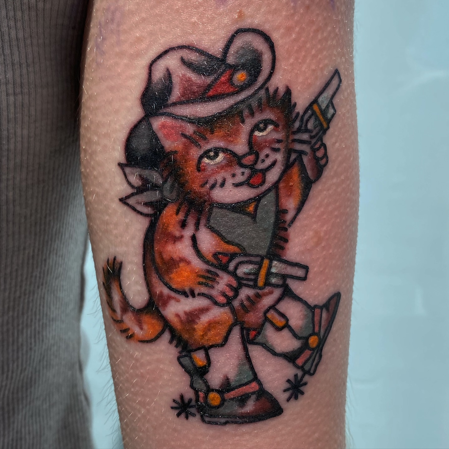 Cat soldier American traditional tattoo on the forearm by Joey Delarosa, San Francisco, California