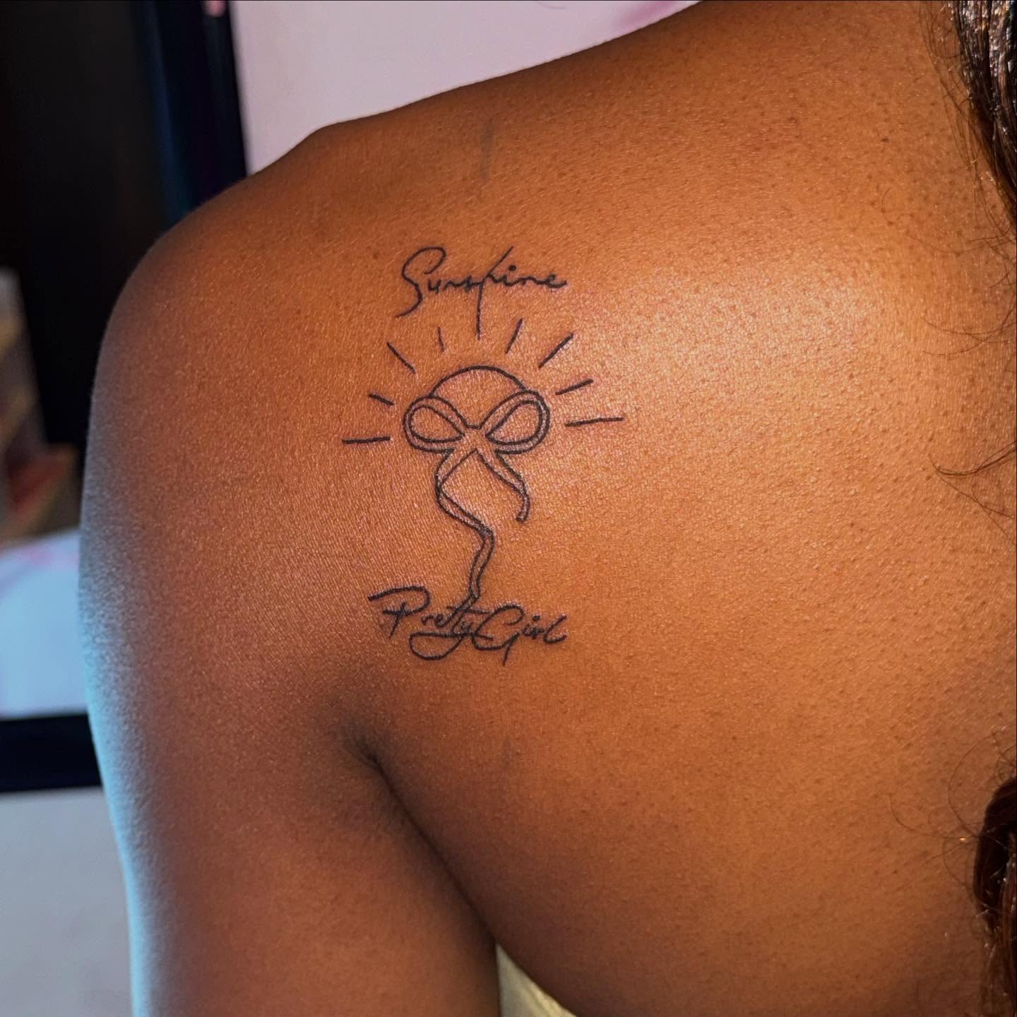 Sun fine line tattoo on the shoulder by destiny🌞