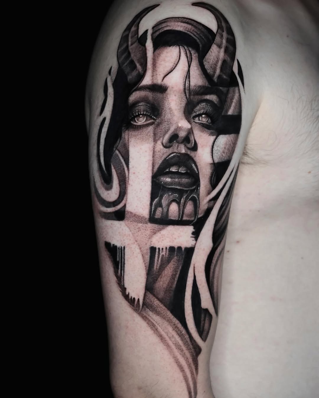 Demonic woman portrait realism tattoo on the forearm by Mandi Marie, Charlotte, North Carolina
