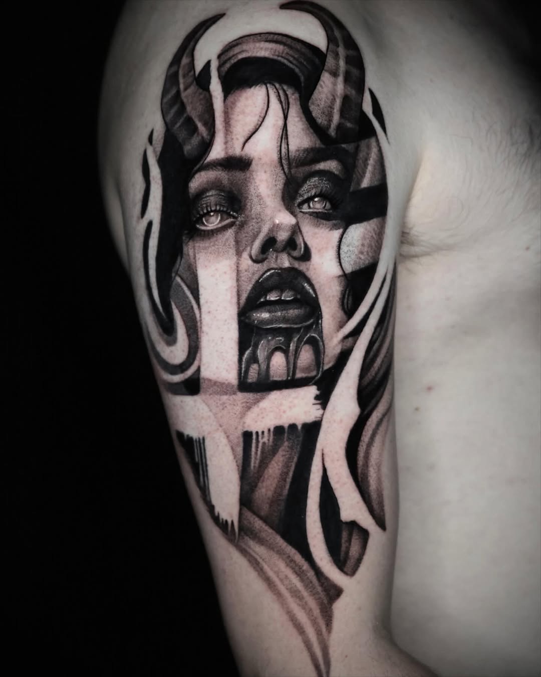 Demonic woman face realism tattoo on the forearm by Mandi Marie, Charlotte, North Carolina