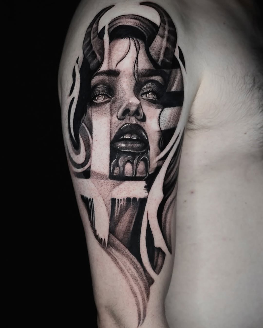 Demonic woman portrait realism tattoo on the forearm by Mandi Marie, Charlotte, North Carolina