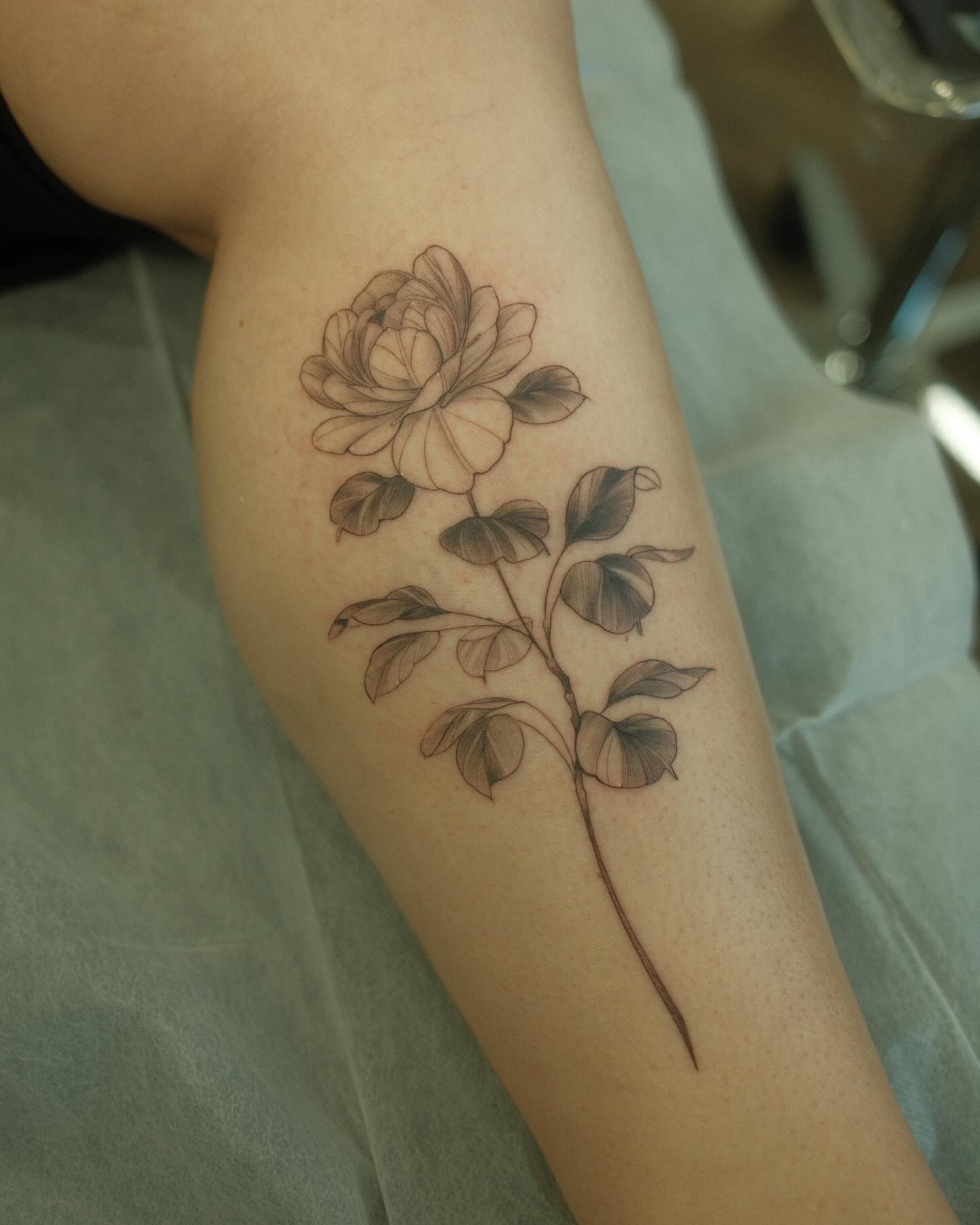 Rose black and grey tattoo on the forearm by Adriano Bassalo