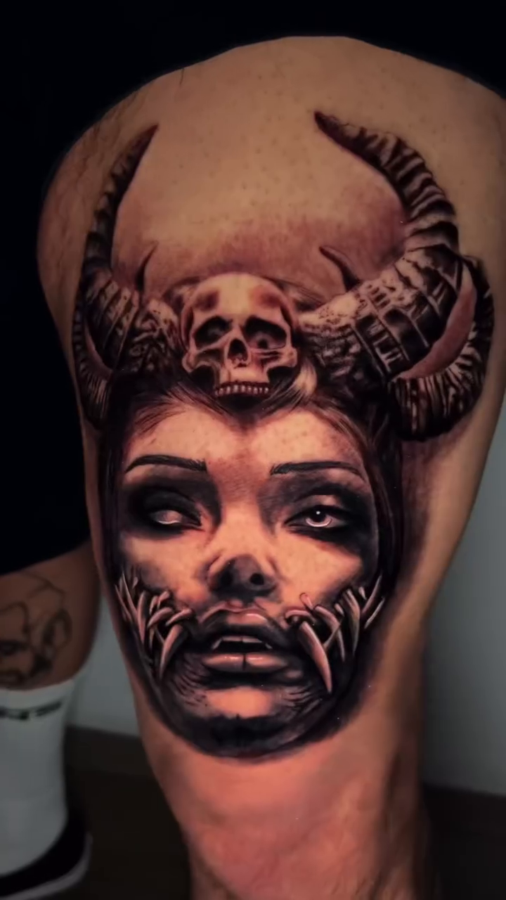 Demonic woman with horns and skull dark realism tattoo by inkzombi