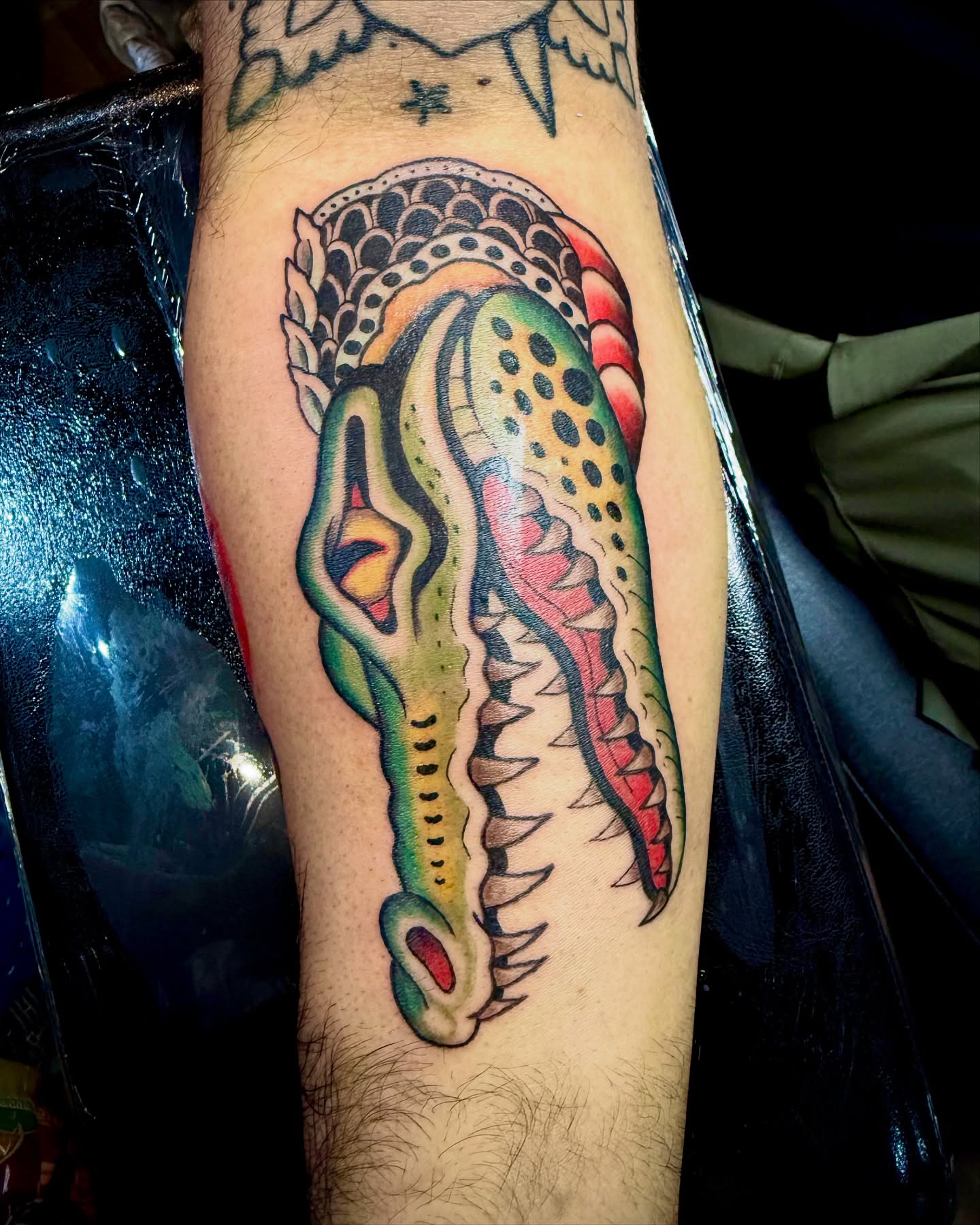 Alligator American traditional tattoo on the forearm by Stevie Reign