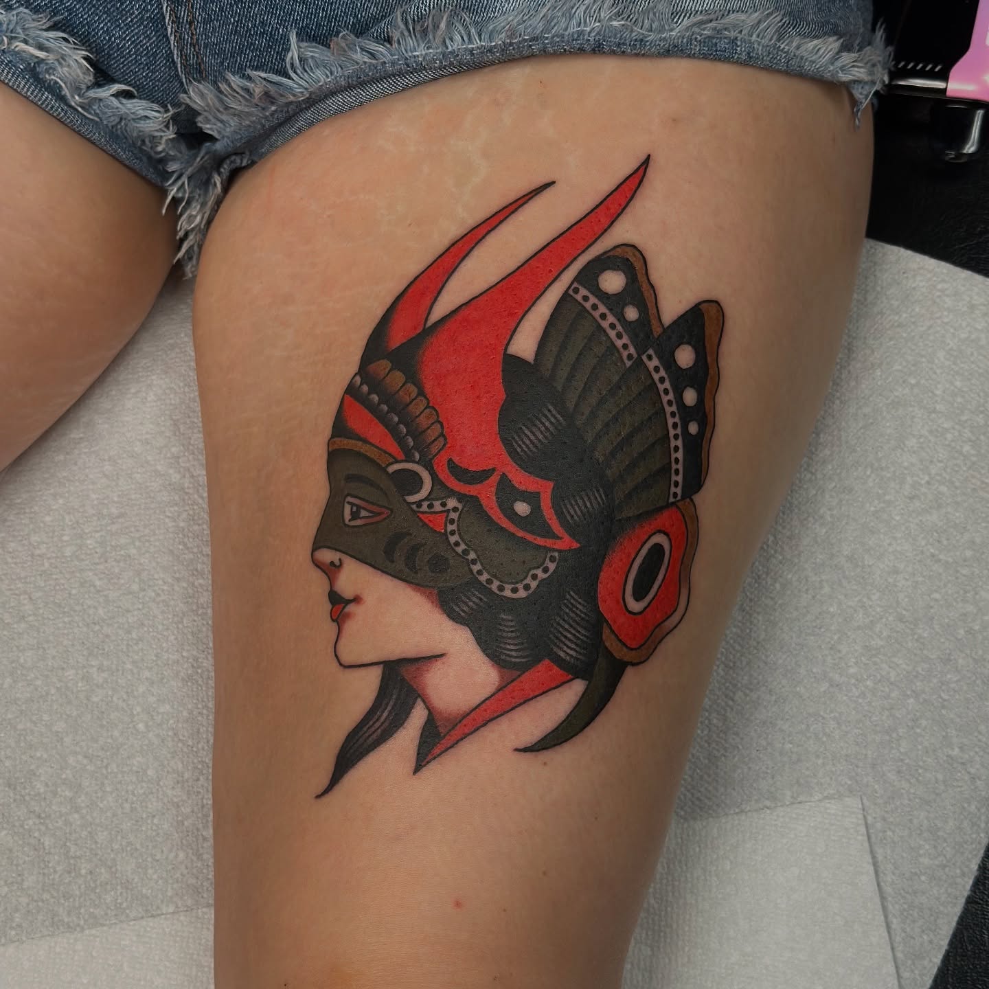 Woman with headdress American traditional tattoo on the thigh by @ryleecoyote, New York, New York