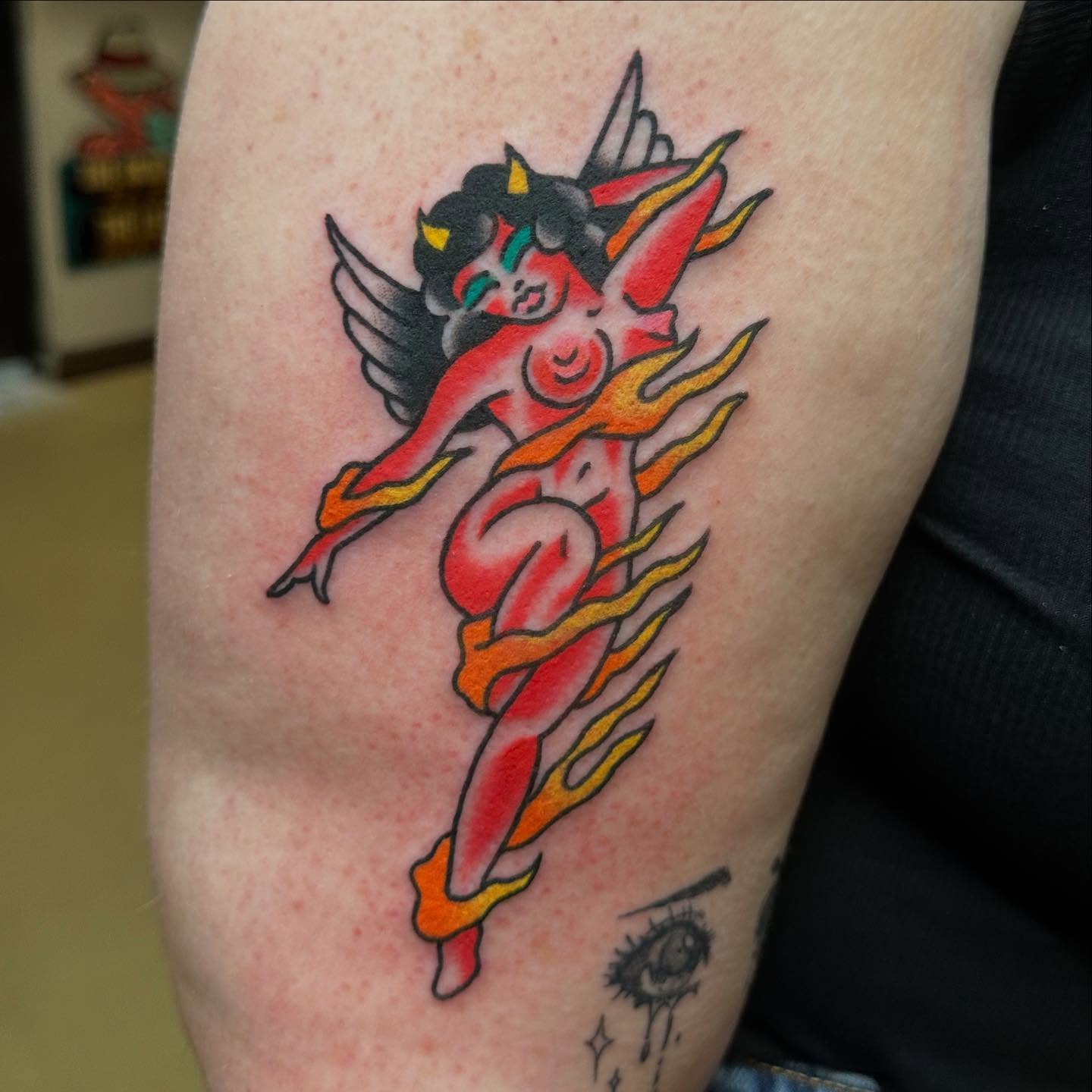 Flame angel American traditional tattoo on the forearm by Keon Ostby, Tempe, Arizona