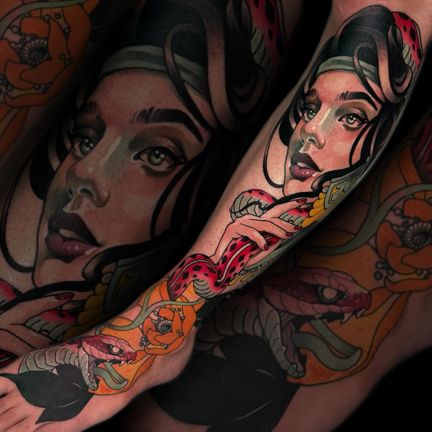 Woman with snake American traditional tattoo on the forearm by Nathan Mickle
