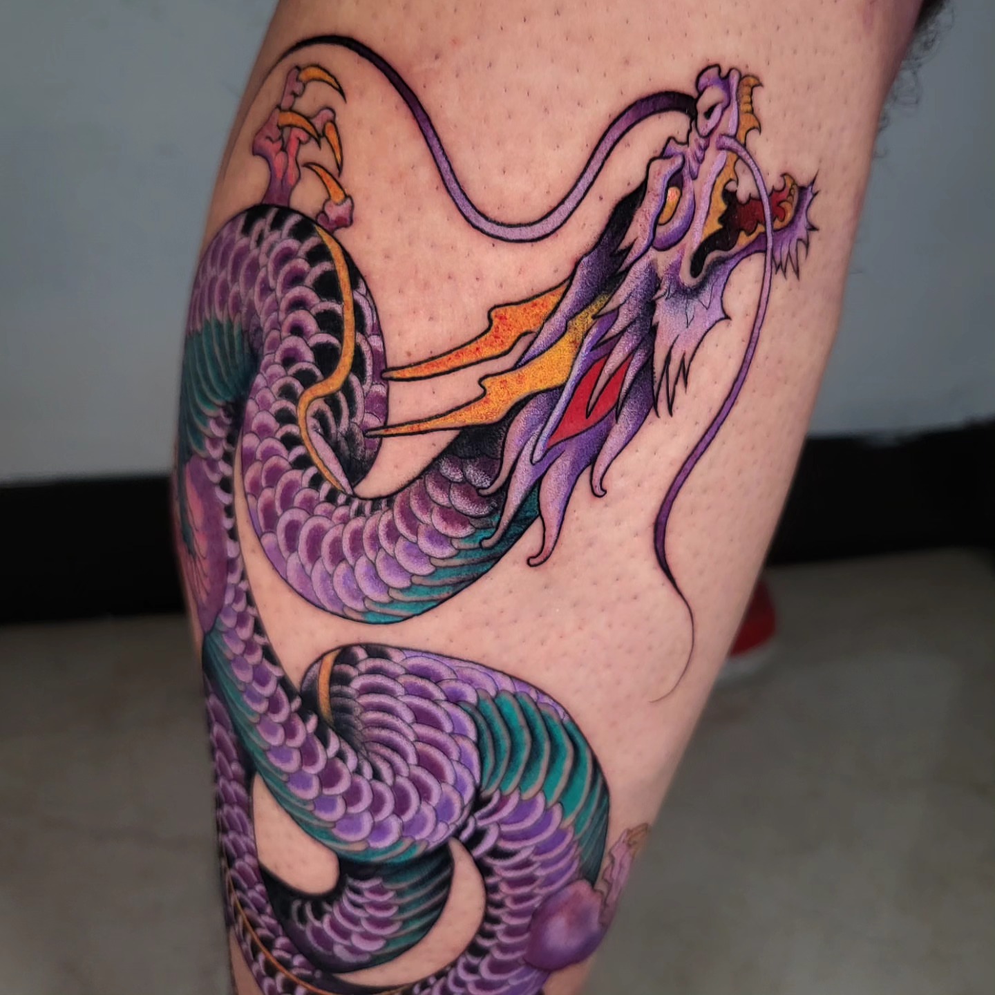 Dragon japanese irezumi tattoo on the thigh by Brenda Juarez - Tattoo Artist