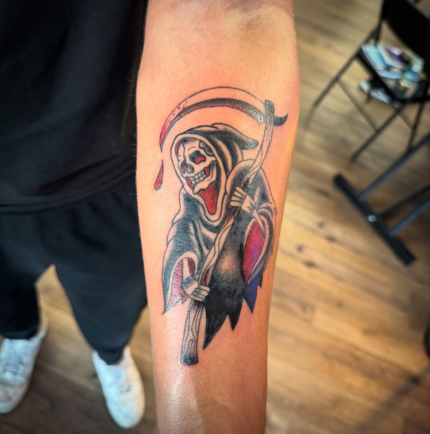 Grim reaper American traditional tattoo on the forearm by LeLe