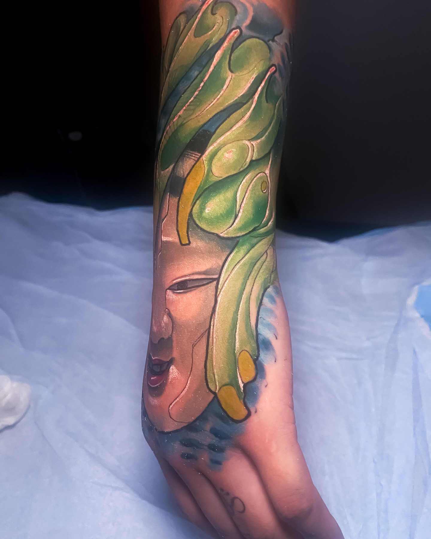 Mask new school tattoo on the forearm by Eric James, Phoenix, Arizona