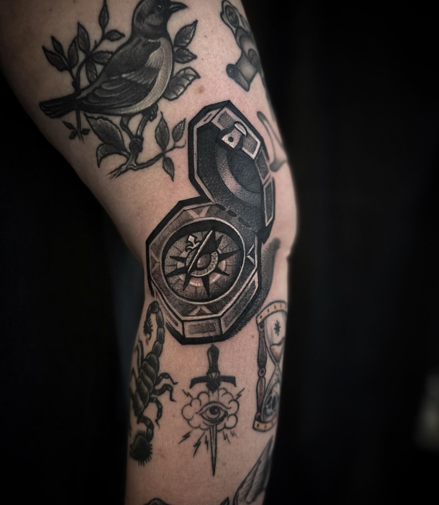 Compass and bird American traditional tattoo on the forearm by 𝕽𝖎𝖌𝖊𝖗𝖘 𝕳𝖆𝖒𝖟𝖆, San Francisco, California
