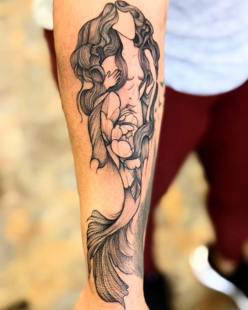 Mermaid black and grey tattoo on the forearm by ๐๐ช๐ฝ๐ฑ๐ ๐๐ฒ๐ป๐ต ๐ฃ๐ช๐ฝ๐ฝ๐ธ๐ธ