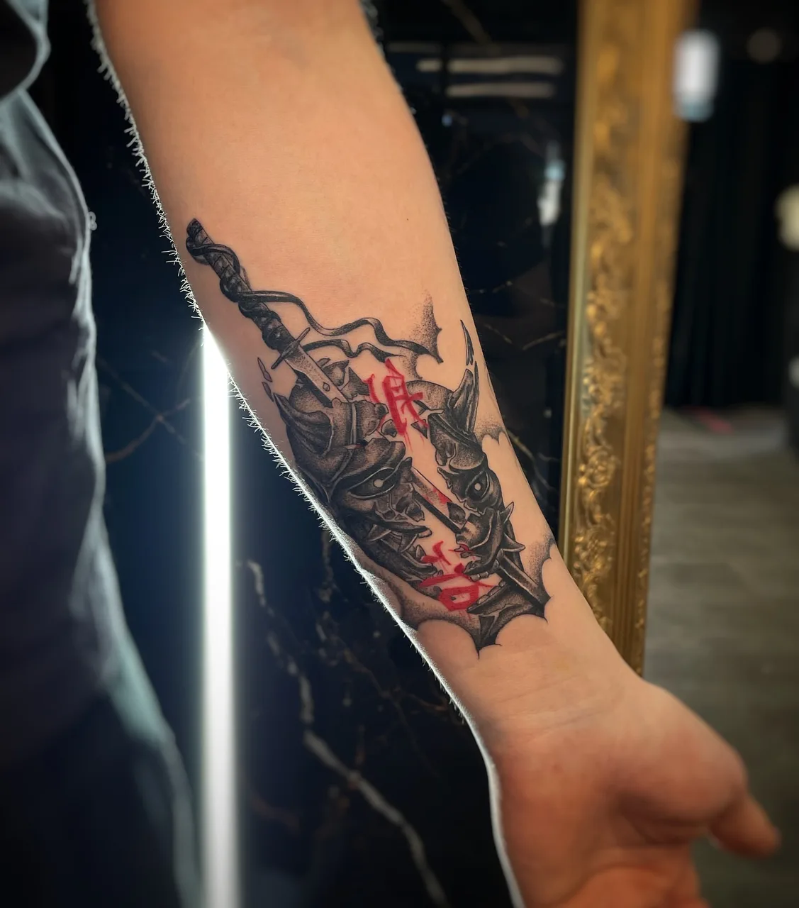 Sword and armor realism tattoo on the forearm by Blot_Tattoo