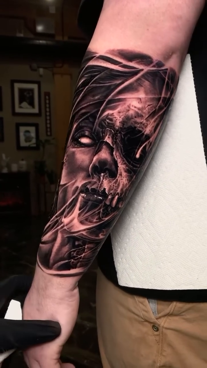 Skull with abstract elements dark realism tattoo by Jake Ross, Mentor, Ohio
