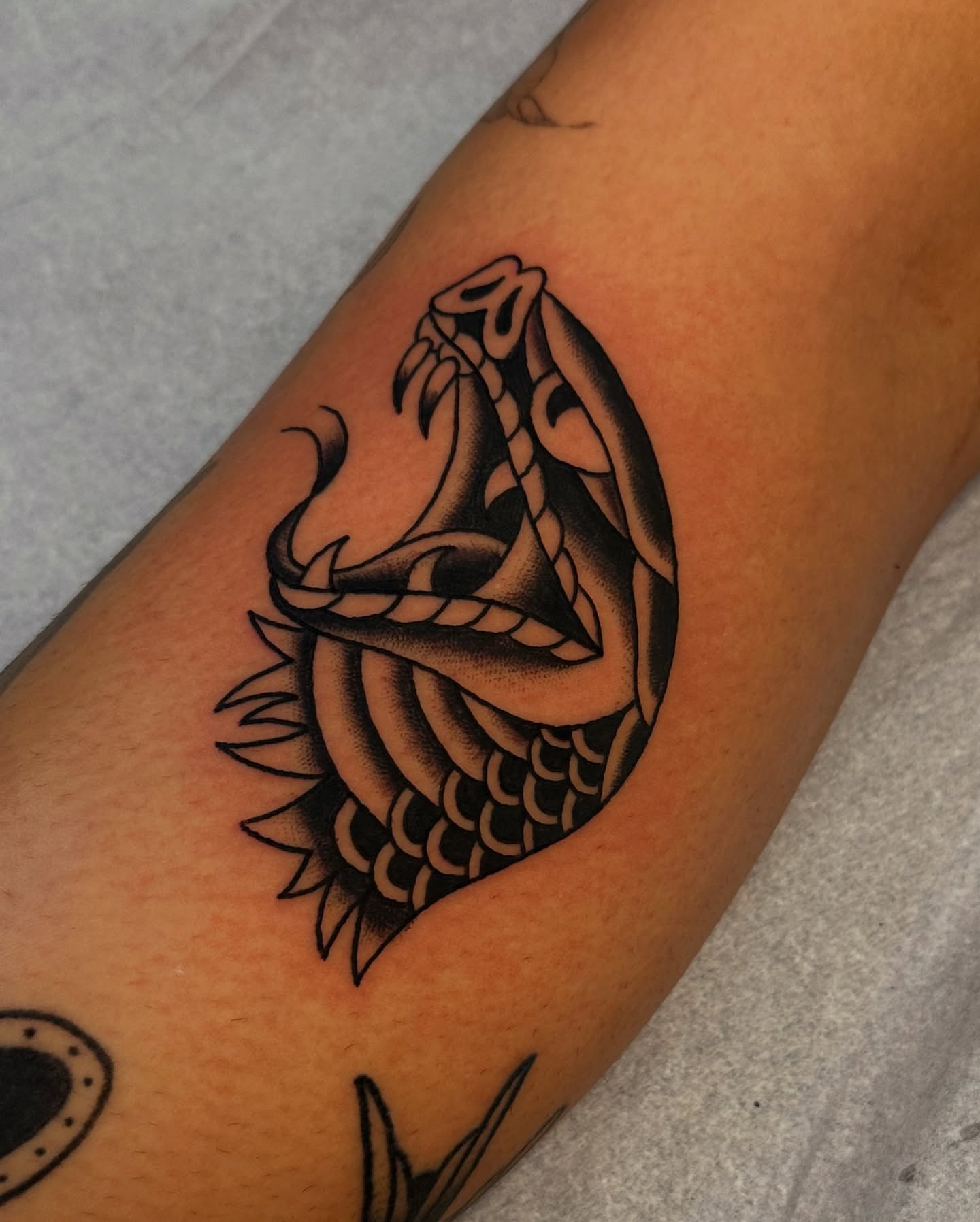 Serpent black and grey tattoo on the forearm by Emily Masa