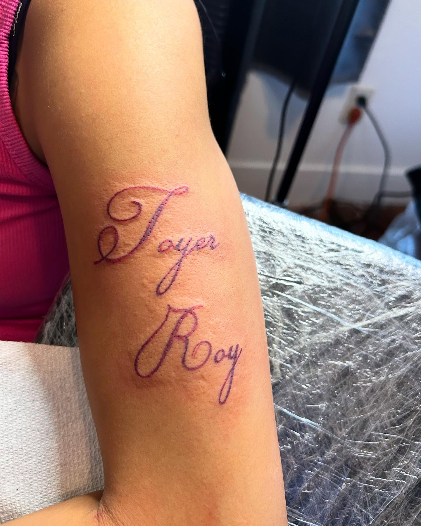 Script lettering lettering script tattoo on the forearm by Airika Edwards