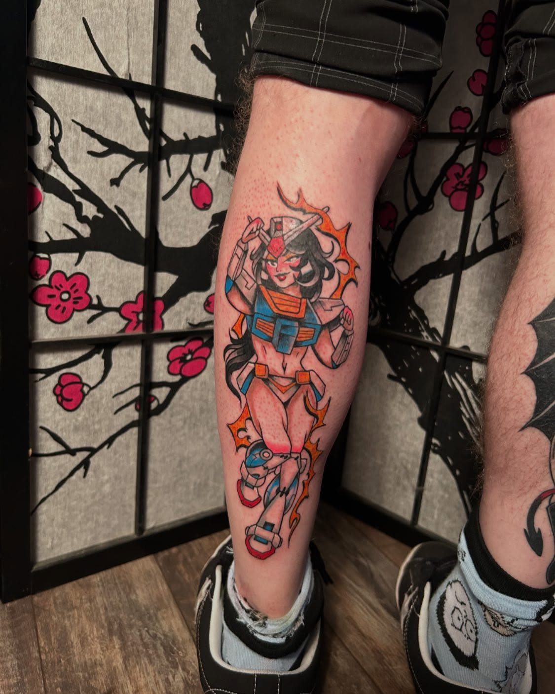 Anime character anime tattoo on the calf by Cameron 🩸👻