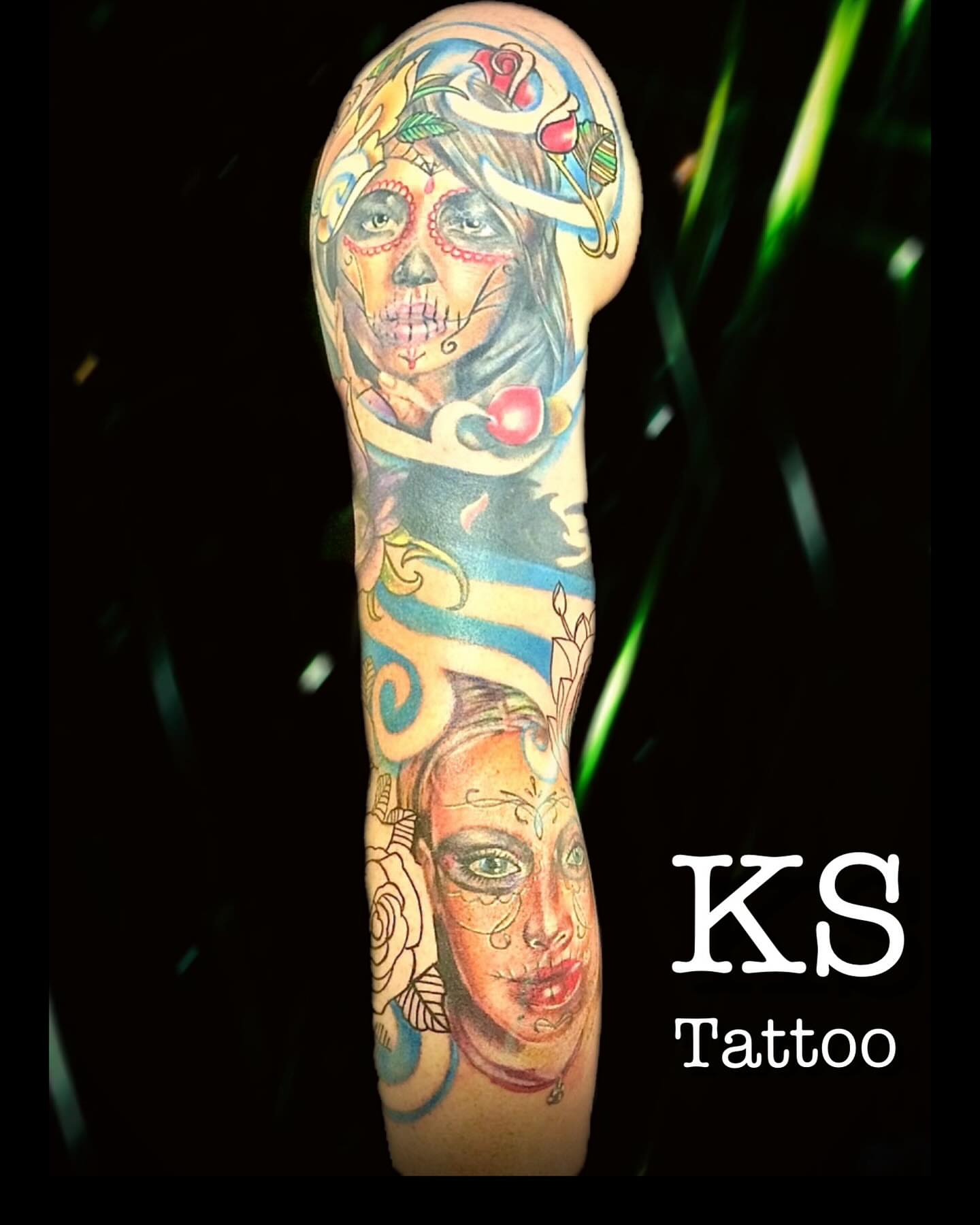 Sugar skull Chicano tattoo on the forearm by Karen Smith