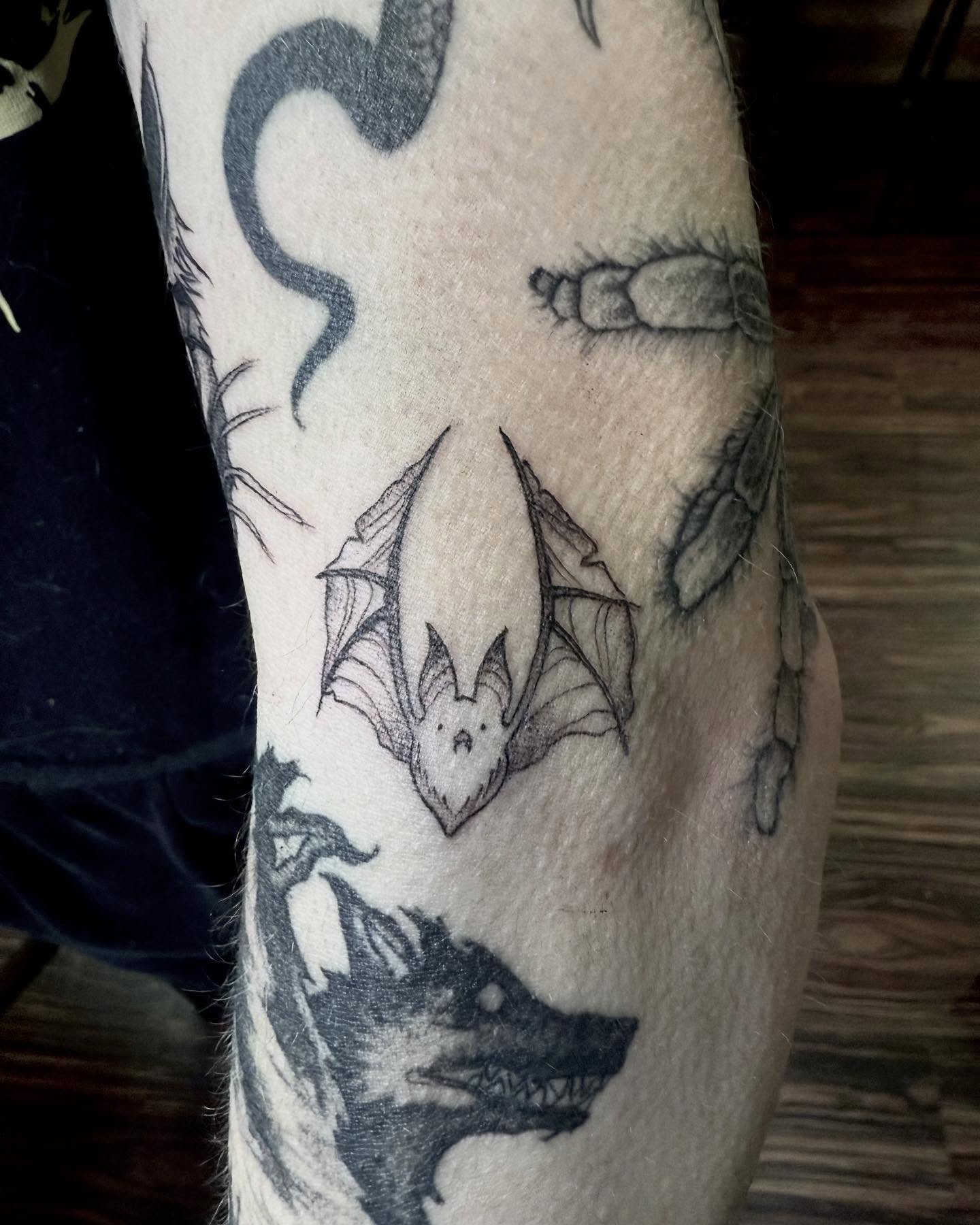 Bat black and grey tattoo on the forearm by Katie Stacy