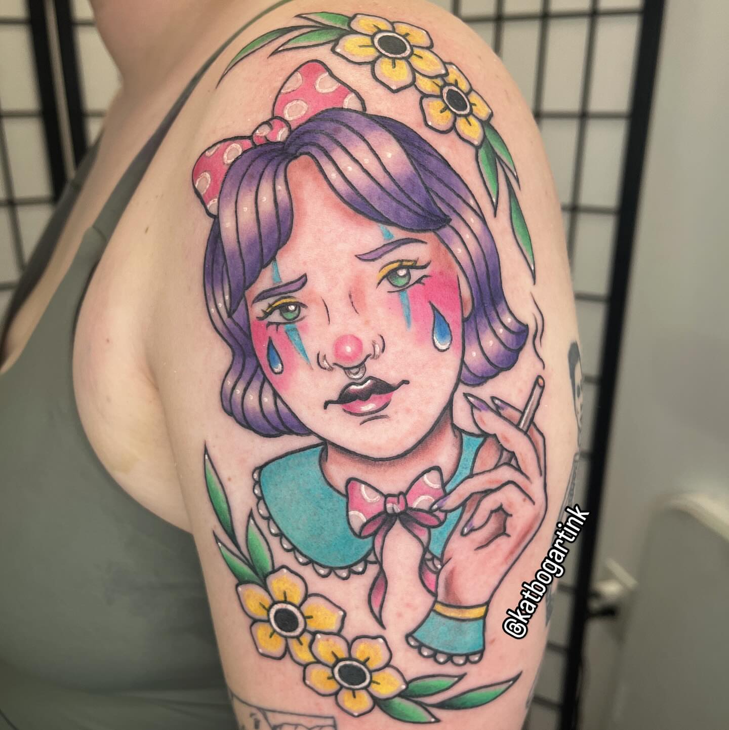 Clown girl American traditional tattoo on the shoulder by Kat (Scout) Bogart