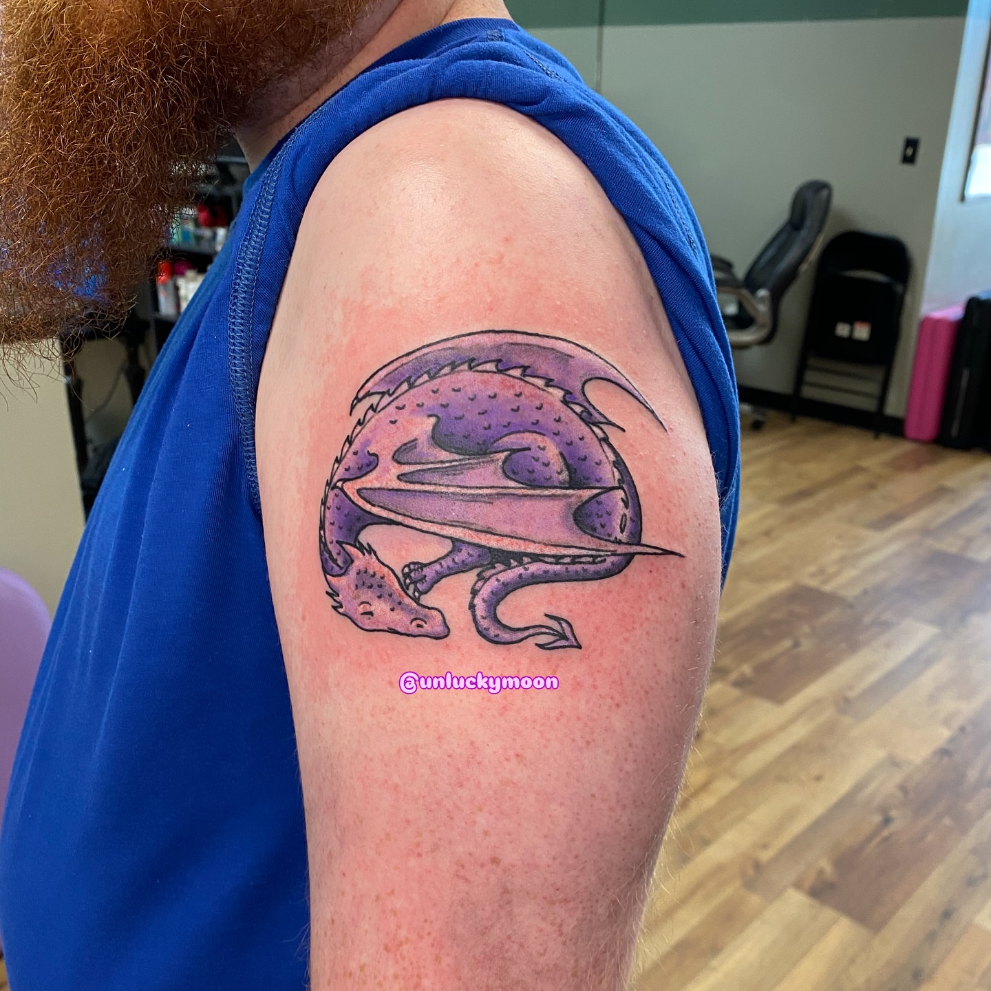 Purple dragon dotwork tattoo on the shoulder by Destinee DeFriece