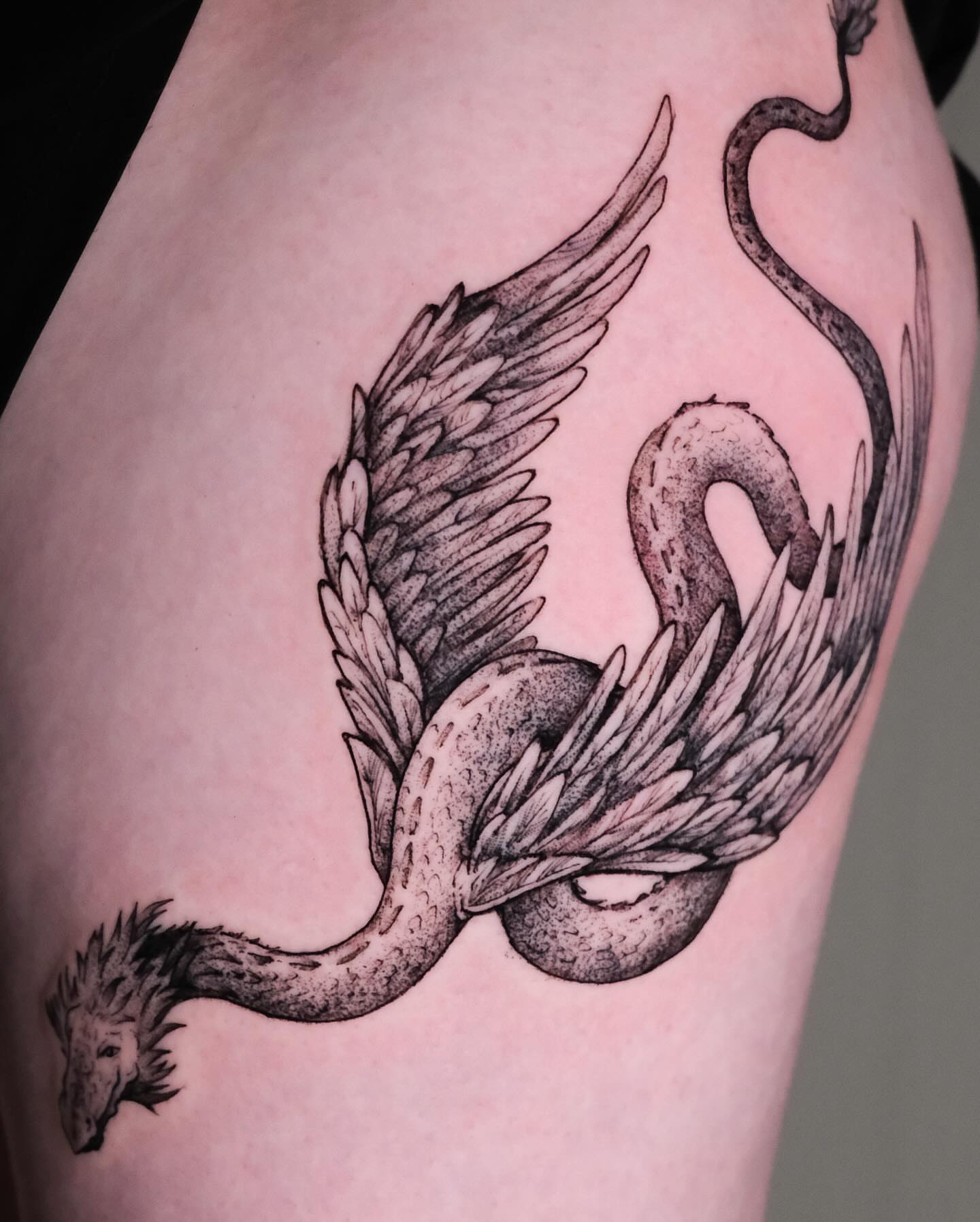 Phoenix dotwork tattoo on the thigh by Renee (Koi) Vance