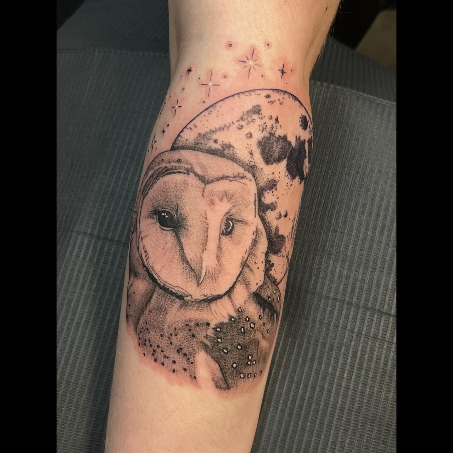 Owl dotwork tattoo on the forearm by Ali, Cedar Rapids, Iowa