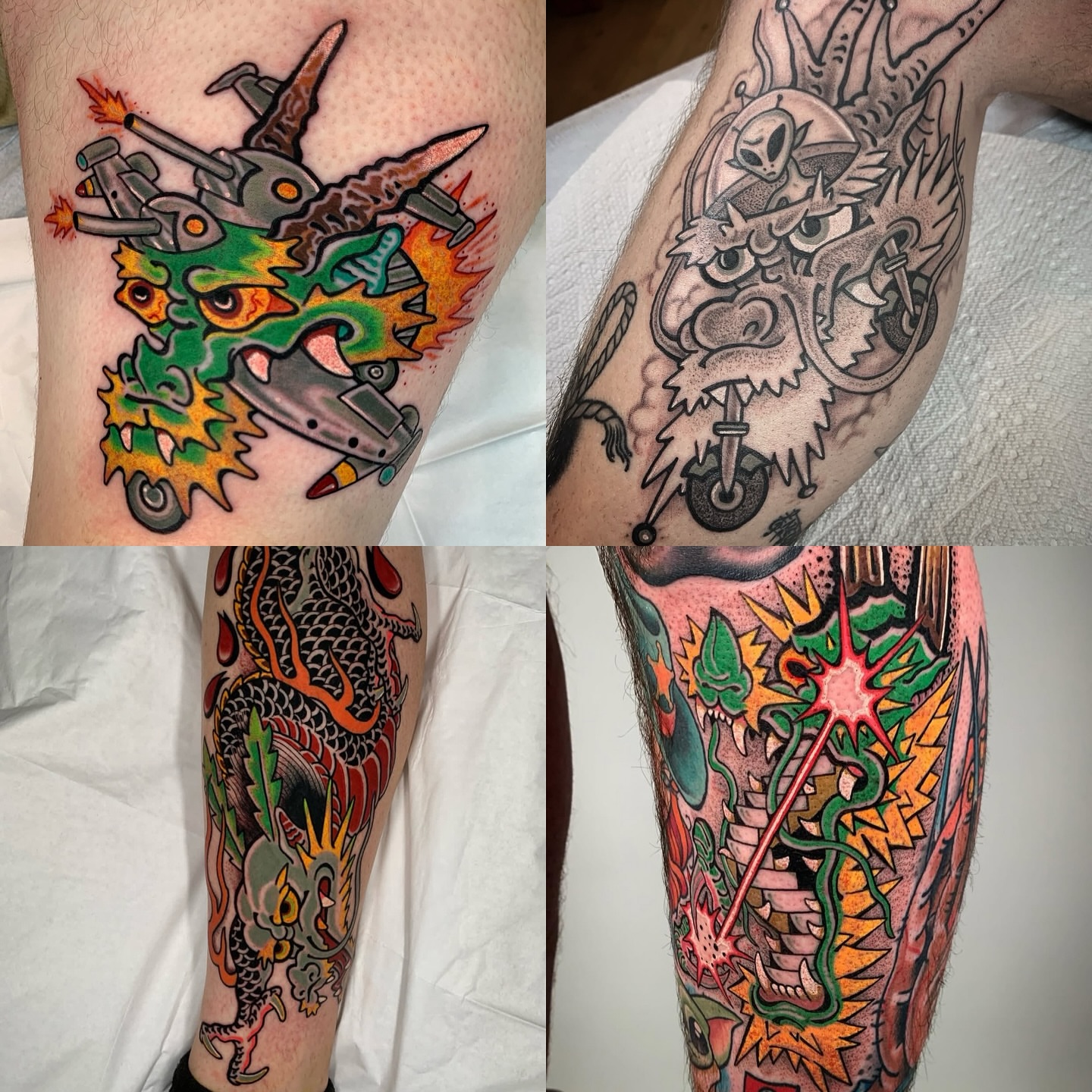 Dragon and mechanical elements American traditional tattoo on the forearm by Destroy Troy