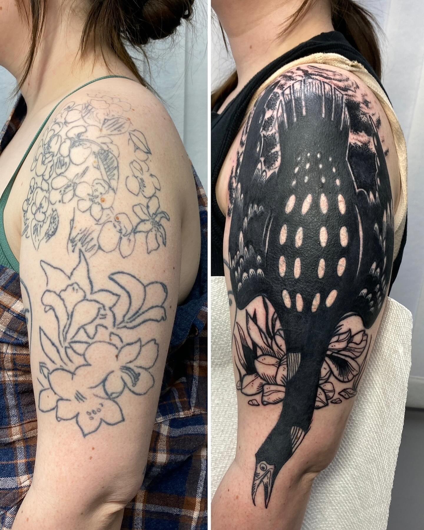Bird and flowers dotwork tattoo on the shoulder by Mike Gorman - Portland Maine Tattoo Artist, Portland, Maine