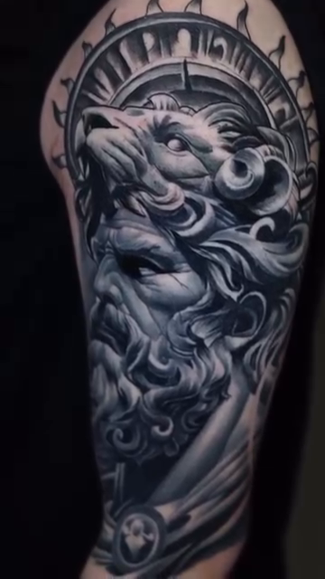 Greek god with lion headdress realism tattoo by Luis Arenas